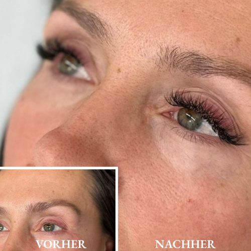 Vorher-Nachher Ergebnis einer Hybrid-Wimpernverlängerung für mehr Fülle und Definition im Kosmetikstudio in Fellbach.