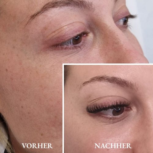 Hybrid Lashes Ergebnis: Kombination aus Volumen- und Classic-Wimpern für einen volleren, weichen Wimpernaufschlag im Goldenstudio Fellbach.
