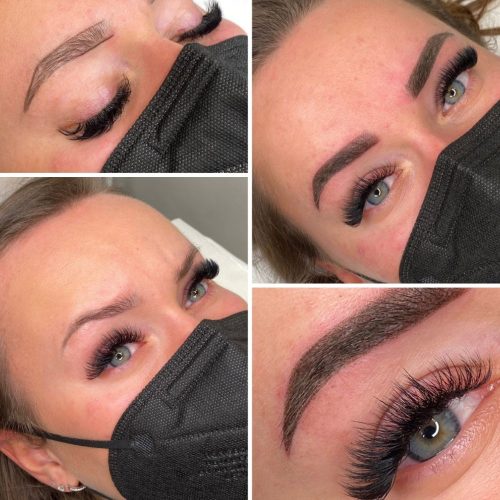 Ergebnis einer Kundin mit Powderbrows Augenbrauen und Lash Extensions - Wimpernverlängerung im Kosmetiksalon Fellbach.